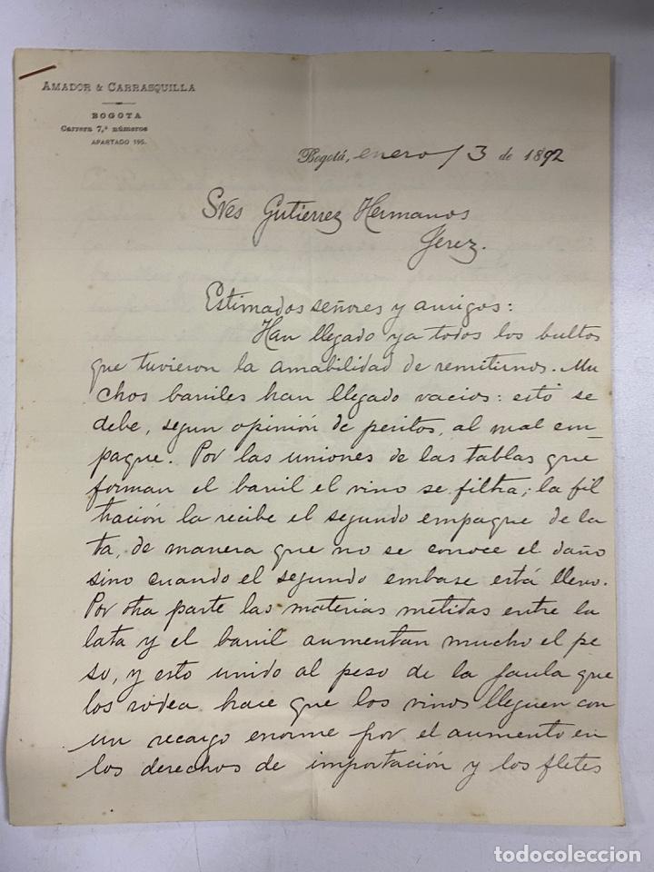 Lettere commerciali: CARTA COMERCIAL. AMADOR & CARRASQUILLA. BOGOT&Aacute;-COLOMBIA, 1892. DIRIGIDA A GUTIERREZ HNOS.,JEREZ