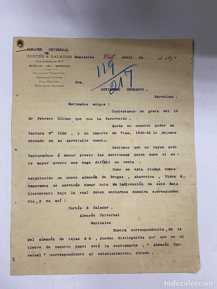 Lettere commerciali: CARTA COMERCIAL. ALMACEN UNIVERSAL DE CORTES & SALAZAR. CALI-COLOMBIA, 1897. PARA GUTIERREZ HNOS.
