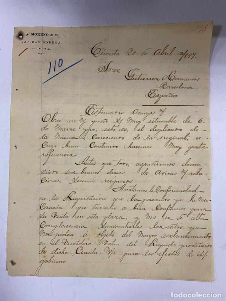 Lettere commerciali: CARTA COMERCIAL. A. MORENO & C&ordf;. CUCUTA-COLOMBIA, 1897. PARA GUTIERREZ HNOS., BARCELONA