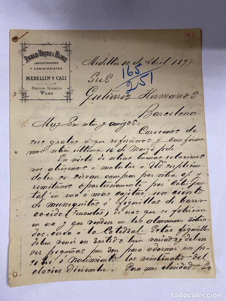 Lettere commerciali: CARTA COMERCIAL. PABLO URIBE E HIJOS. MEDELLIN-COLOMBIA, 1897. PARA GUTIERREZ HNOS., BARCELONA