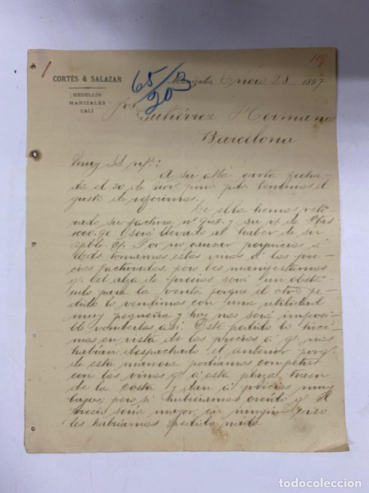 Lettere commerciali: CARTA COMERCIAL. CORT&Egrave;S & SALAZAR. MANIZALES-COLOMBIA, 1897. PARA GUTIERREZ HNOS., BARCELONA