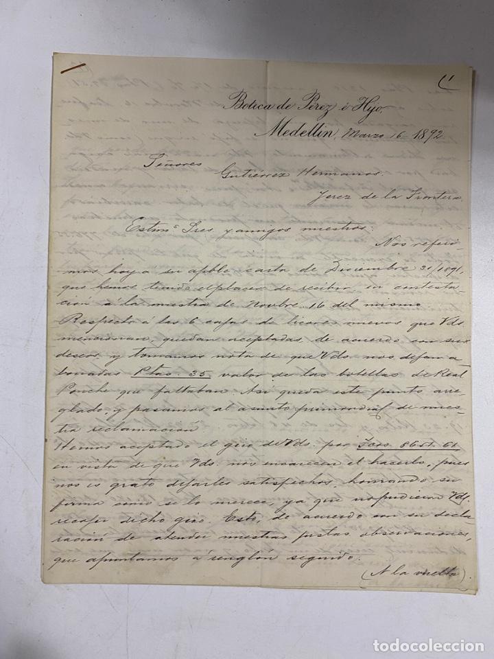 Lettere commerciali: CARTA COMERCIAL. BOTICA DE PEREZ E HIJO. MEDELLIN-COLOMBIA, 1892. PARA GUTIERREZ HNOS., JEREZ
