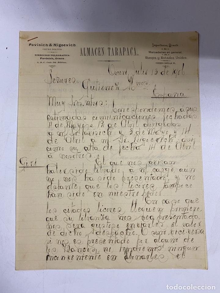Lettere commerciali: CARTA COMERCIAL. PAVISICH & NIGEOVICH. ALMACEN TARAPACA. ORURO-BOLIVIA, 1906. VER