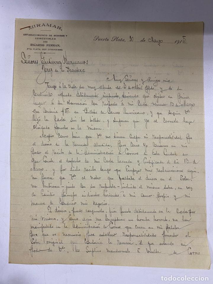 Lettere commerciali: CARTA COMERCIAL. MIRAMAR. RICARDO FERRAN. PUERTO PLATA-REPUBLICA DOMINICANA, 1915. VER