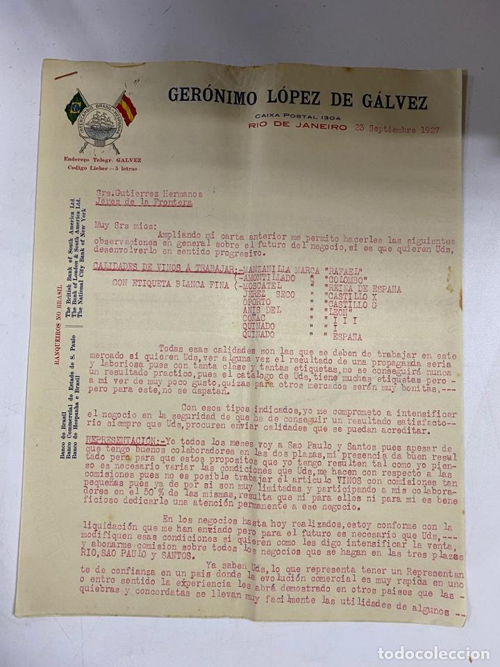 Lettere commerciali: CARTA COMERCIAL. GERONIMO LOPEZ DE CALVEZ. RIO DE JANEIRO- BRASIL, 1927. PARA GUTIERREZ HNOS. JEREZ