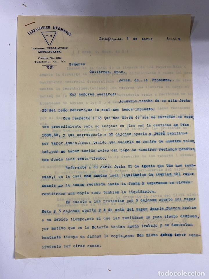 Lettere commerciali: CARTA COMERCIAL. VERSALOVICH HERMANOS. ANTOFAGASTA-CHILE, 1909. PARA GUTIERREZ HNOS. JEREZ