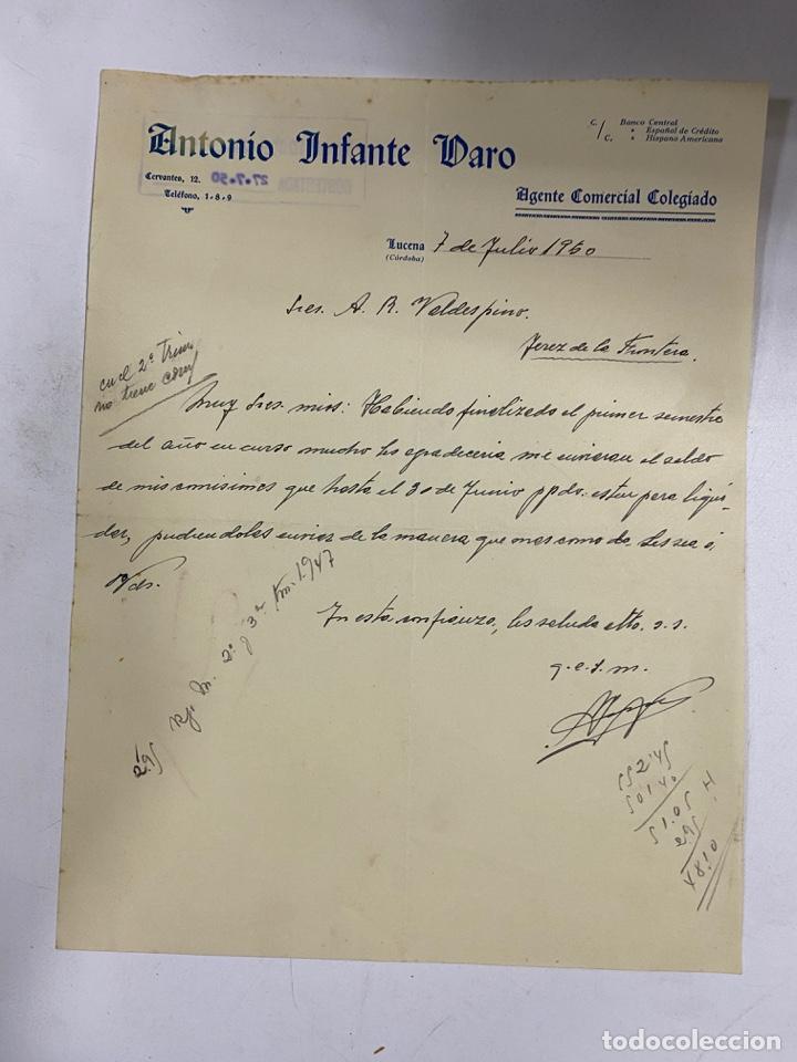 Lettere commerciali: CARTA COMERCIAL. ANTONIO INFANTE VARO. LUCENA-CORDOBA, 1950. PARA A.R. VALDESPINO, JEREZ