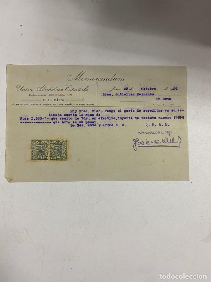 Lettere commerciali: MEMORANDUM. C.L. DIEZ. UNION ALCOHOLERA ESPA&Ntilde;OLA. JEREZ., 1929. PARA GUTIERREZ HNOS