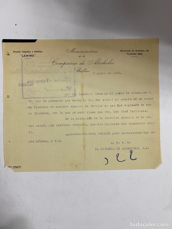Cartas comerciales: MEMORANDUM. COMPA&Ntilde;IA DE ALCOHOLES. BILBAO, 1925 - Foto 1