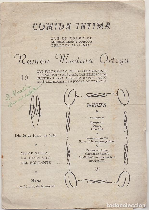 Lettere commerciali: CARTA MENU. COMIDA INTIMA OFECIDA POR SUS ADMIRADORES A &rdquo;RAMON MEDINA ORTEGA&rdquo; 1948 CARTAMENU-209