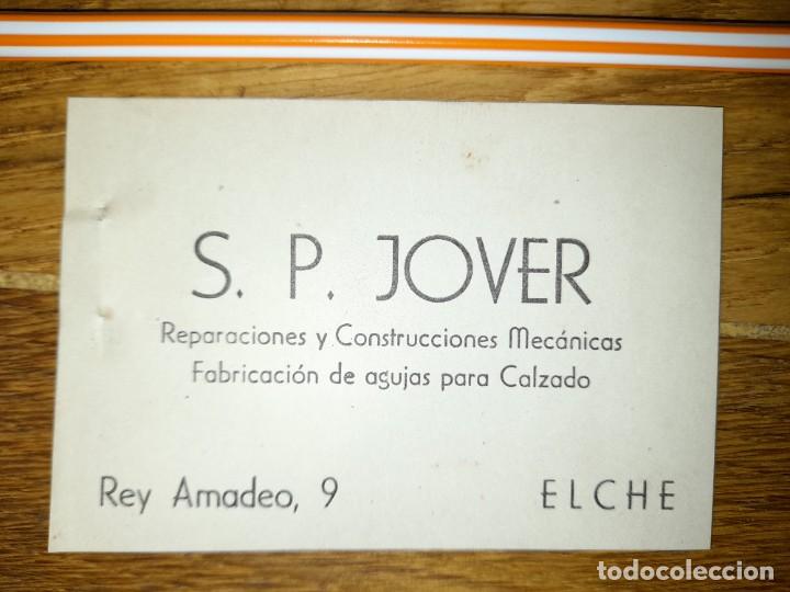 Lettere commerciali: Tarjeta comercial S P Jover Construcci&oacute;n maquinaria y agujas para calzado Elche a&ntilde;o 1947