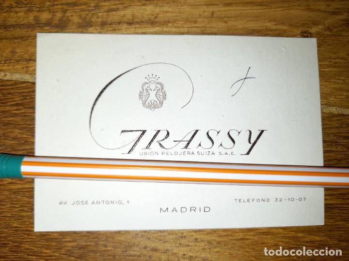 Lettere commerciali: Tarjeta comercial Grassy Uni&oacute;n relojera suiza de Madrid a&ntilde;o 1944 escrita en reverso