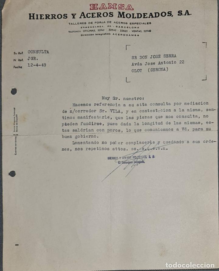 Lettere commerciali: Carta comercial. Hamsa. Hierros y Aceros Moldeados S.A. Barcelona. Espa&ntilde;a 1949