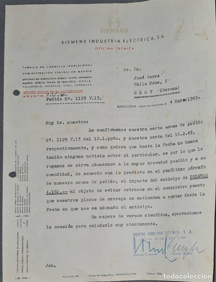 Lettere commerciali: Carta comercial. Siemens Industria El&eacute;ctrica, S.A. Barcelona. Espa&ntilde;a 1949