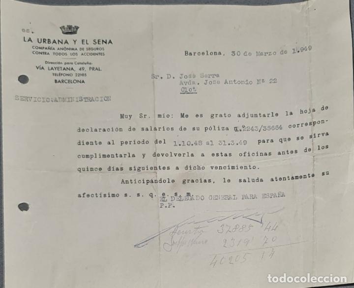 Lettere commerciali: Carta comercial. La Urbana y El Sena. Compa&ntilde;&iacute;a An&oacute;nima de Seguros accidentes. Barcelona. Espa&ntilde;a 1949