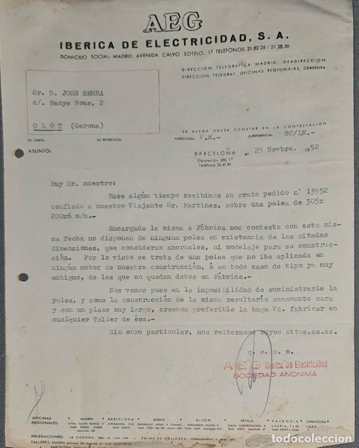 Lettere commerciali: Carta comercial. Ib&eacute;rica de Electricidad S.A. AEG. Barcelona. Espa&ntilde;a 1952