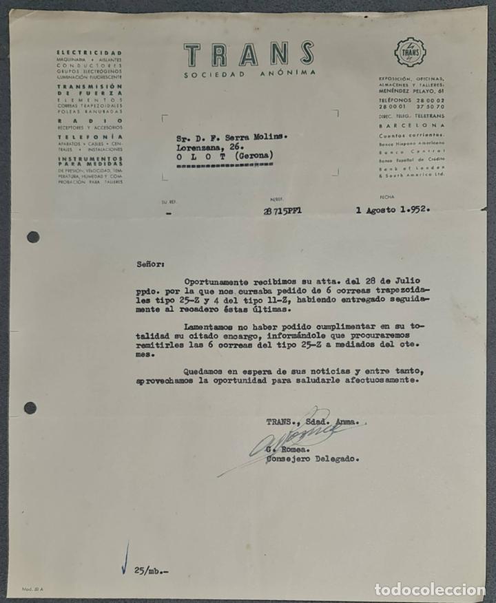 Lettere commerciali: Carta comercial. Trans. S.A. Electricidad-Telefon&iacute;a- Radio. Barcelona. Espa&ntilde;a 1952