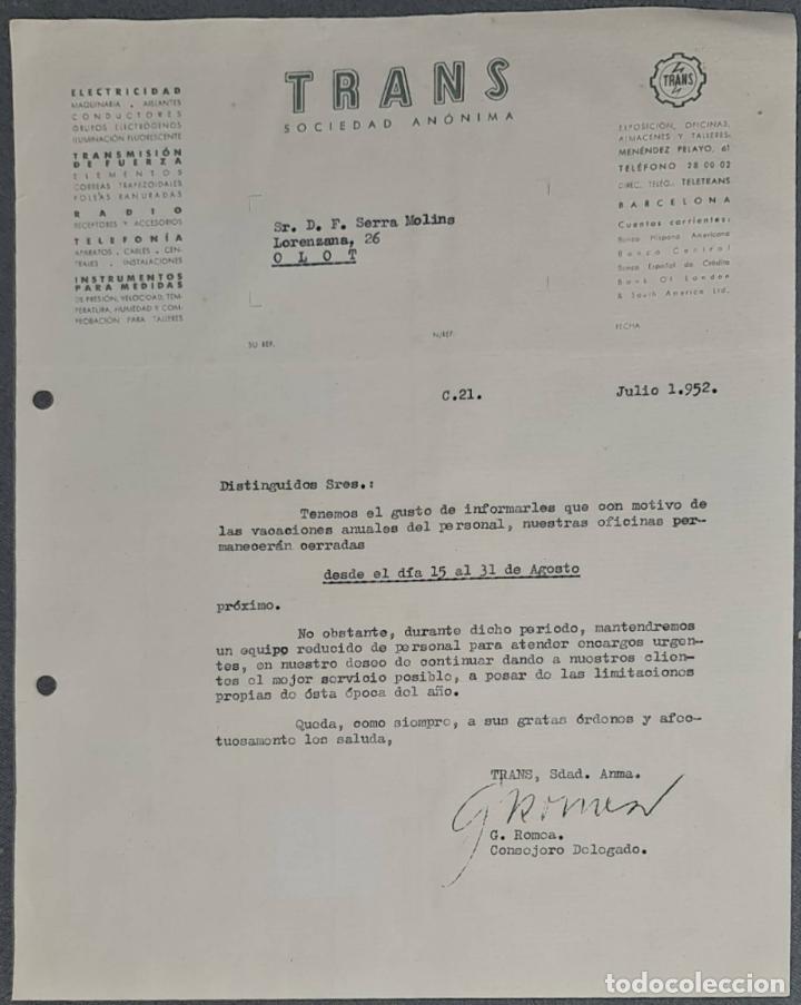 Lettere commerciali: Carta comercial. Trans. S.A. Electricidad-Telefon&iacute;a- Radio. Barcelona. Espa&ntilde;a 1952