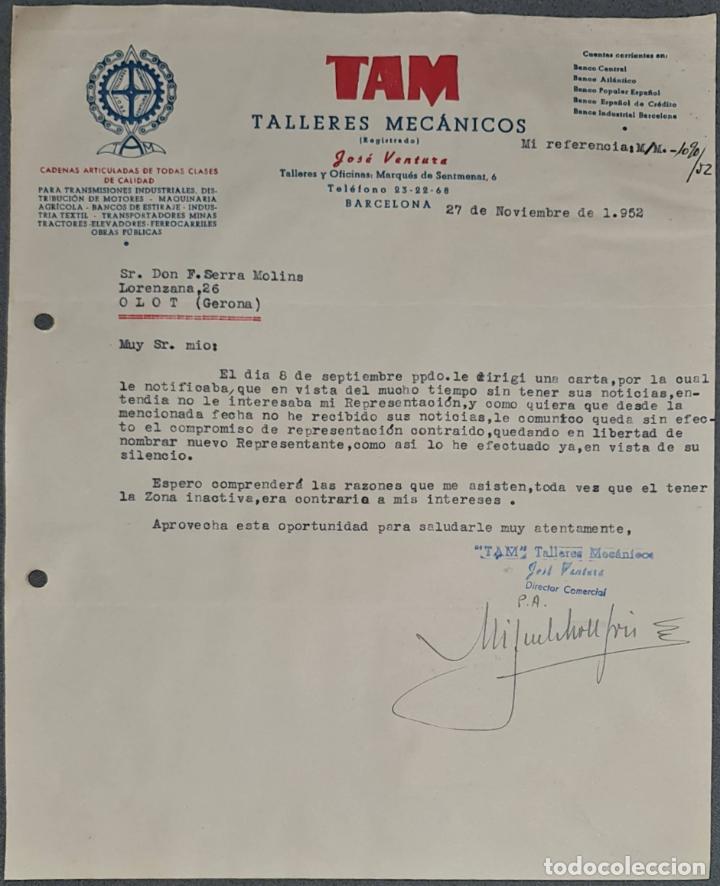 Lettere commerciali: Carta comercial. TAM. Talleres Mec&aacute;nicos. Jos&eacute; Ventura. Barcelona. Espa&ntilde;a 1952
