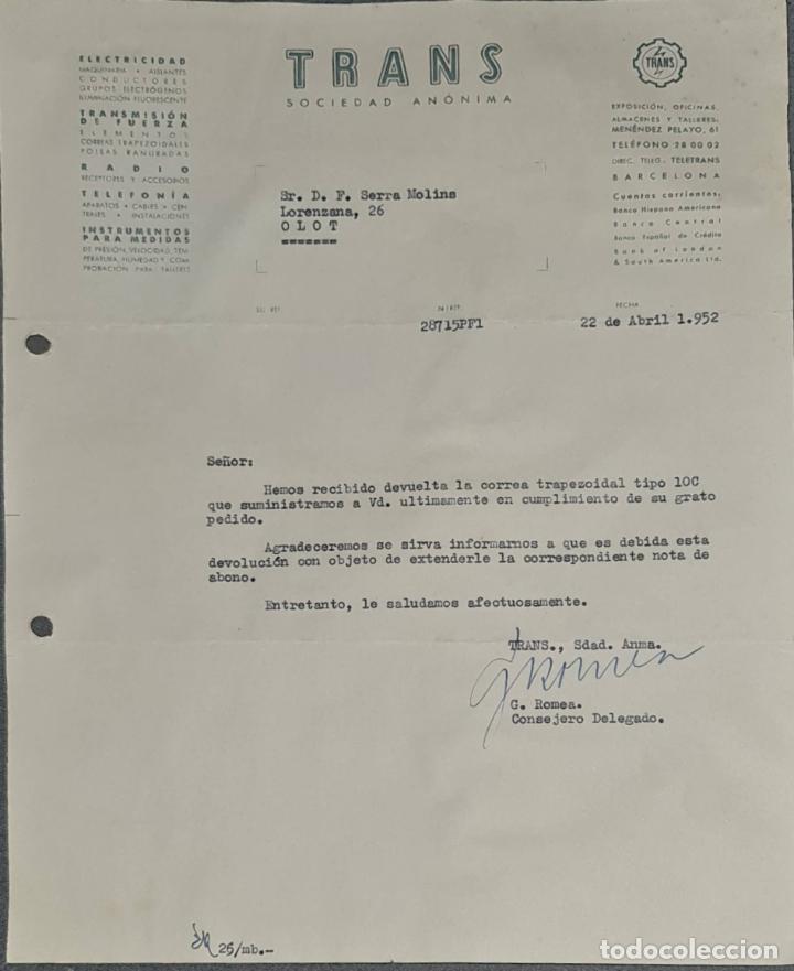 Lettere commerciali: Carta comercial. Trans. S.A. Electricidad-Telefon&iacute;a- Radio. Barcelona. Espa&ntilde;a 1952