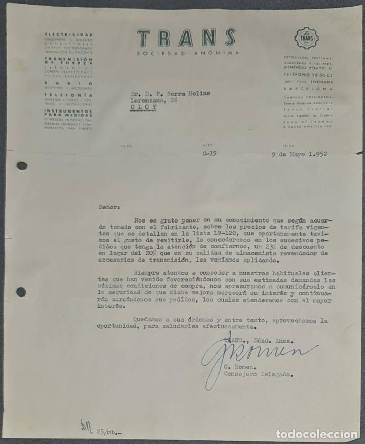 Lettere commerciali: Carta comercial. Trans. S.A. Electricidad-Telefon&iacute;a- Radio. Barcelona. Espa&ntilde;a 1952