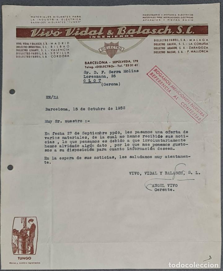 Lettere commerciali: Carta comercial. Viv&oacute; Vidal & Balasch S.L. Materiales aislantes Industria El&eacute;ctrica. Barcelona 1952