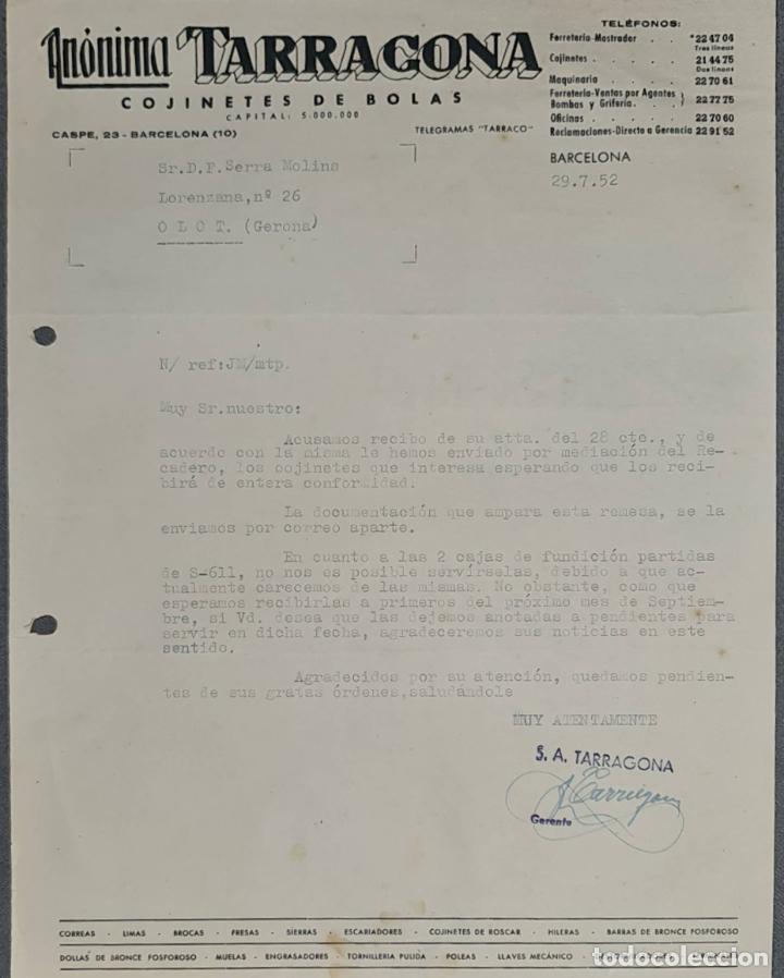 Lettere commerciali: Carta comercial. An&oacute;nima Tarragona. Cojinete de bolas. Barcelona. Espa&ntilde;a 1952