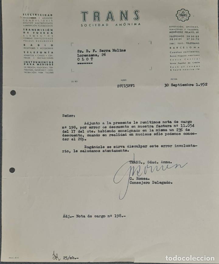 Lettere commerciali: Carta comercial. Trans. S.A. Electricidad-Telefon&iacute;a- Radio. Barcelona. Espa&ntilde;a 1952
