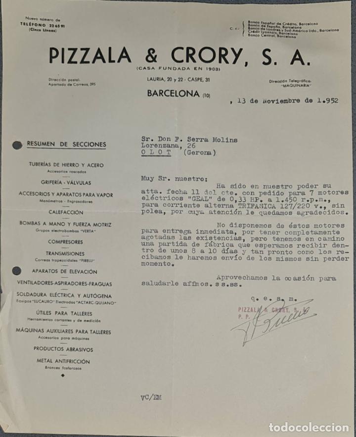 Lettere commerciali: Carta comercial. Pizzala & Crory S.A. Barcelona. Espa&ntilde;a 1952