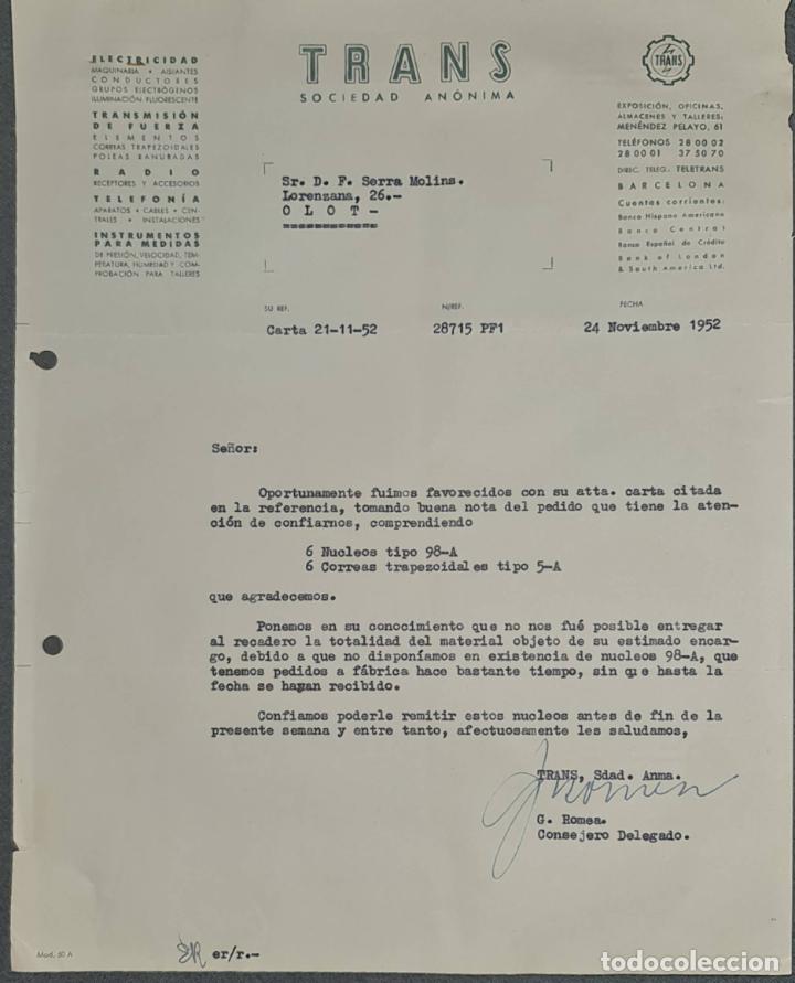 Lettere commerciali: Carta comercial. Trans. S.A. Electricidad-Telefon&iacute;a- Radio. Barcelona. Espa&ntilde;a 1952