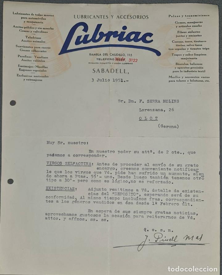 Lettere commerciali: Carta comercial. Lubriac. Lubricantes y Accesorios. Sabadell. Espa&ntilde;a 1951