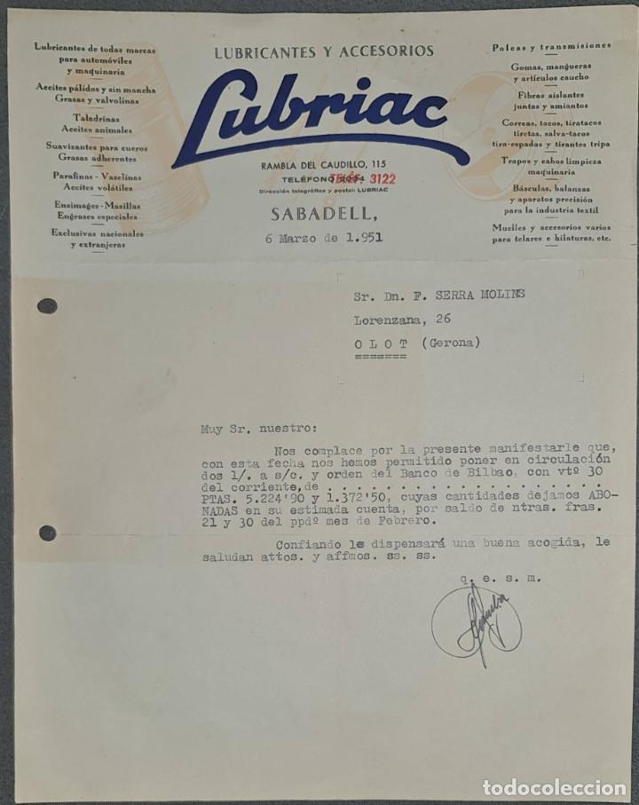 Lettere commerciali: Carta comercial. Lubriac. Lubricantes y Accesorios. Sabadell. Espa&ntilde;a 1951