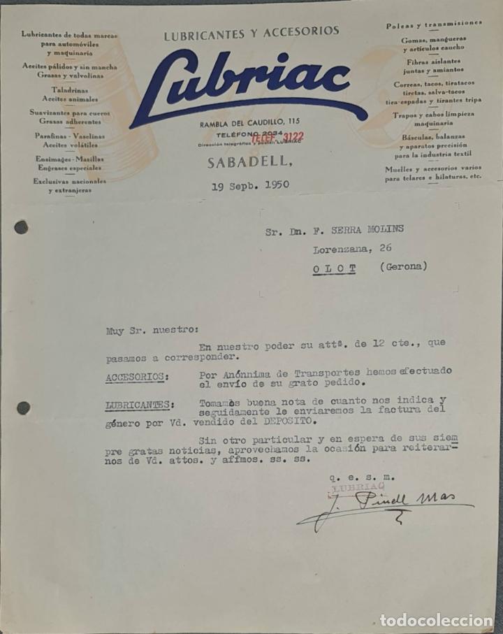 Lettere commerciali: Carta comercial. Lubriac. Lubricantes y Accesorios. Sabadell. Espa&ntilde;a 1950