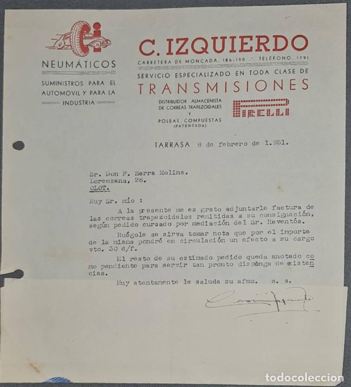 Lettere commerciali: Carta comercial. C. Izquierdo. Neum&aacute;ticos- Transmisiones. Tarrasa. Espa&ntilde;a 1951
