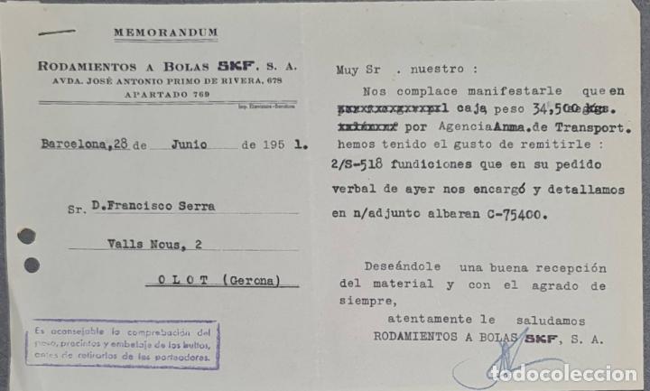 Lettere commerciali: Memorandum. Rodamientos a Bolas SKF S.A. Barcelona. Espa&ntilde;a 1951