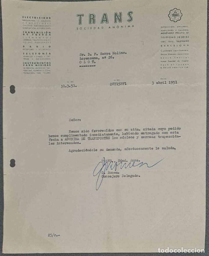 Lettere commerciali: Carta comercial. Trans. S.A. Electricidad-Telefon&iacute;a- Radio. Barcelona. Espa&ntilde;a 1951