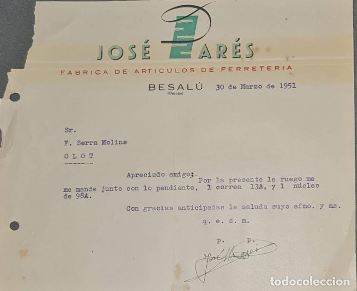 Lettere commerciali: Carta comercial. Jos&eacute; Dar&eacute;s. F&aacute;brica de art&iacute;culos de Ferreter&iacute;a. Besal&uacute;. Gerona. Espa&ntilde;a 1951