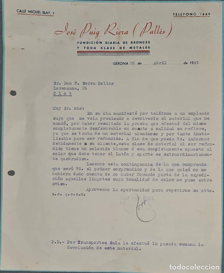 Lettere commerciali: Carta comercial. Jos&eacute; Puig Riera (Pall&eacute;s). Fundici&oacute;n de bronces y metales. Gerona. Espa&ntilde;a 1951