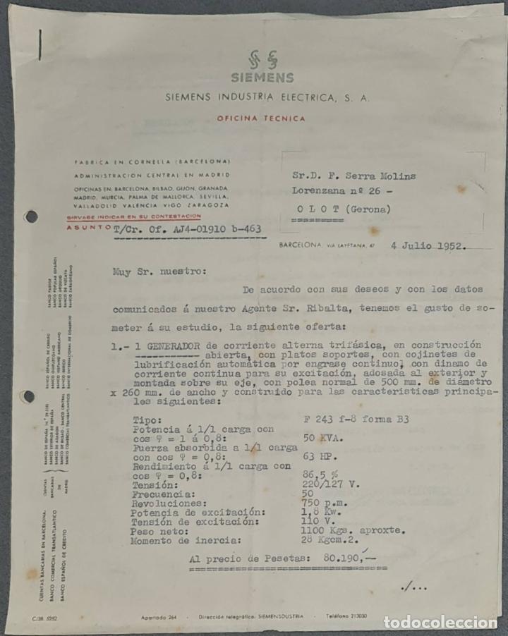 Lettere commerciali: Carta comercial. Siemens Industria El&eacute;ctrica, S.A. Barcelona. Espa&ntilde;a 1952