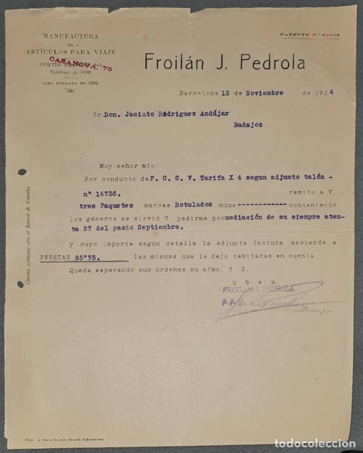 Lettere commerciali: Carta comercial. Froil&aacute;n J. Pedrola. Manufactura de art&iacute;culos para viaje. Barcelona. Espa&ntilde;a 1924