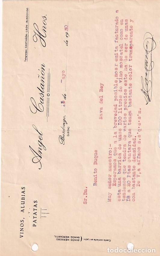 Lettere commerciali: FACTURA. ANGEL CASTA&Ntilde;OS HERMANOS. VINOS, ALUBIAS, PATATAS. BUSDONGO. LEON 1930.