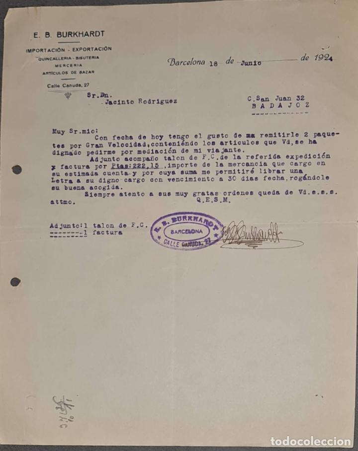 Lettere commerciali: Carta comercial. E. B. Burkhardt. Quincaller&iacute;a y Bisuter&iacute;a - Mercer&iacute;a. Barcelona. Espa&ntilde;a 1924