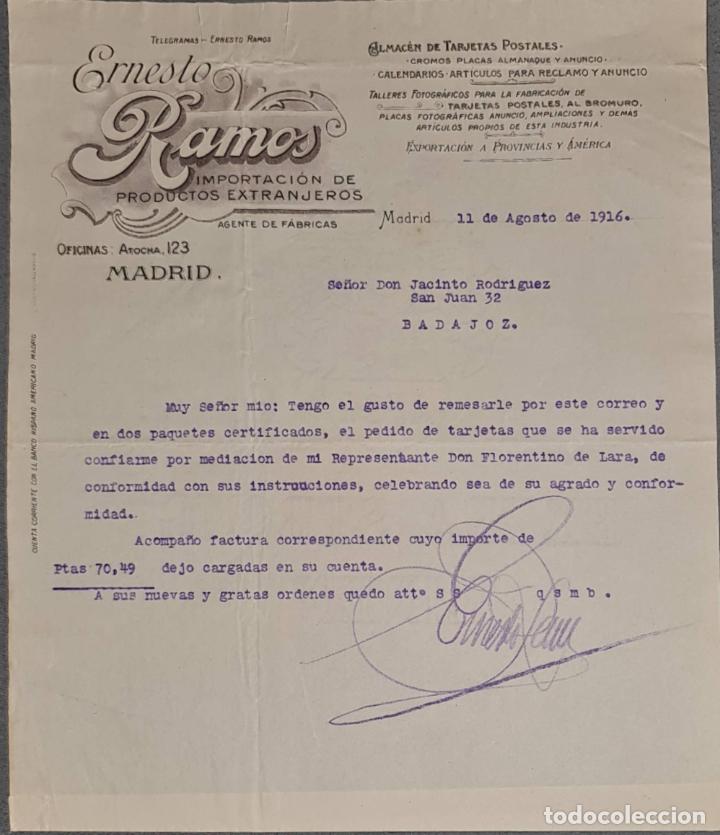 Commercial Letters: Carta comercial. Ernesto Ramos. Importaci&oacute;n de productos Extranjeros. Madrid. Espa&ntilde;a 1916