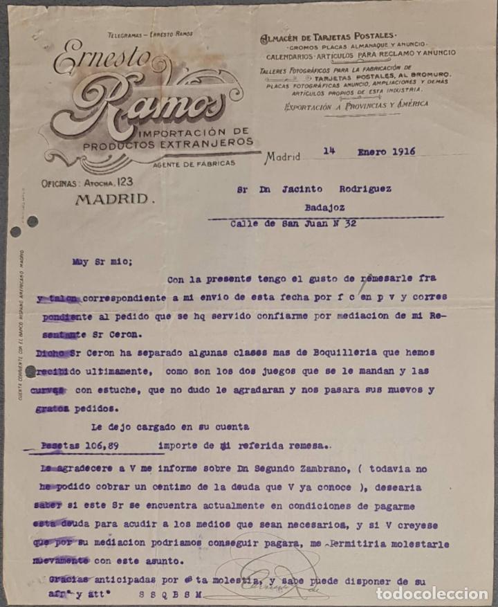 Lettere commerciali: Carta comercial. Ernesto Ramos. Importaci&oacute;n de productos Extranjeros. Madrid. Espa&ntilde;a 1916