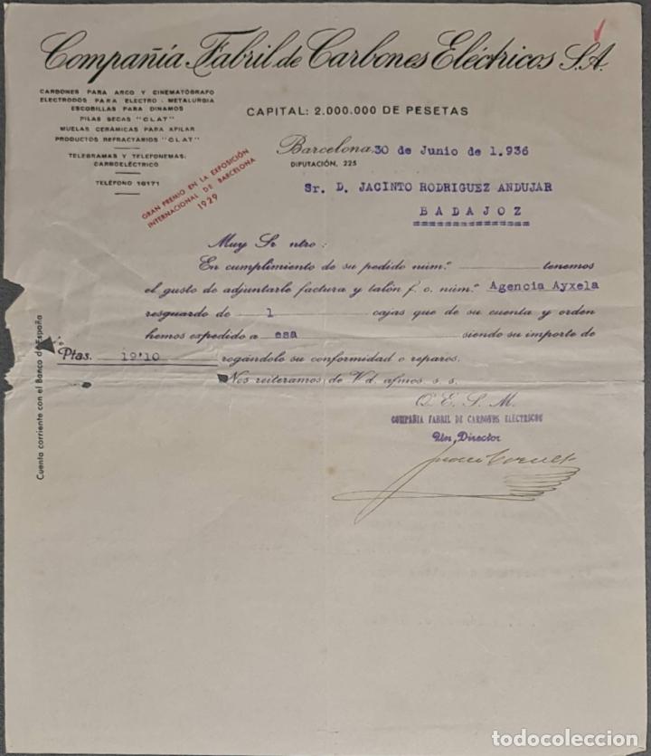 Lettere commerciali: Carta comercial. Compa&ntilde;&iacute;a Fabril de carbones el&eacute;ctricos S.A. Barcelona. Espa&ntilde;a 1935