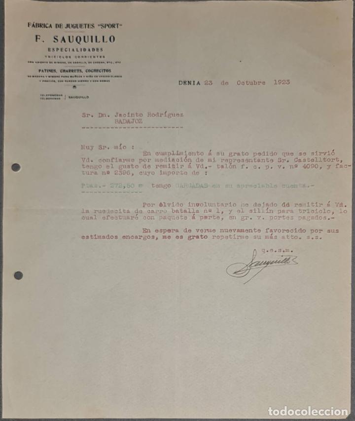 Lettere commerciali: Carta comercial. F. Sauquillo. F&aacute;brica de juguetes Sport. Denia 1923