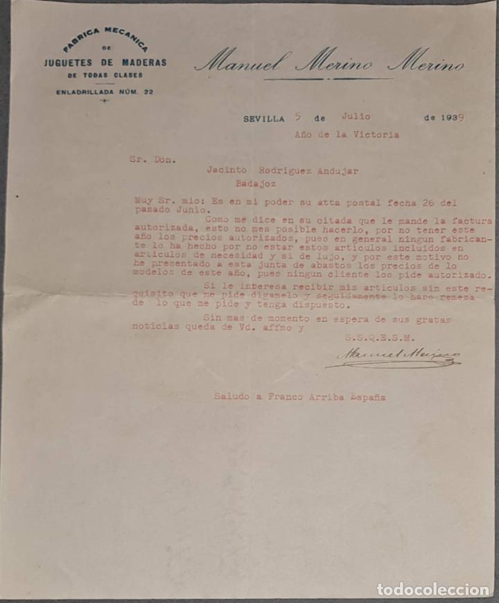 Lettere commerciali: Carta comercial. Manuel Merino Merino. F&aacute;brica mec&aacute;nica de juguetes de maderas. Sevilla 1939