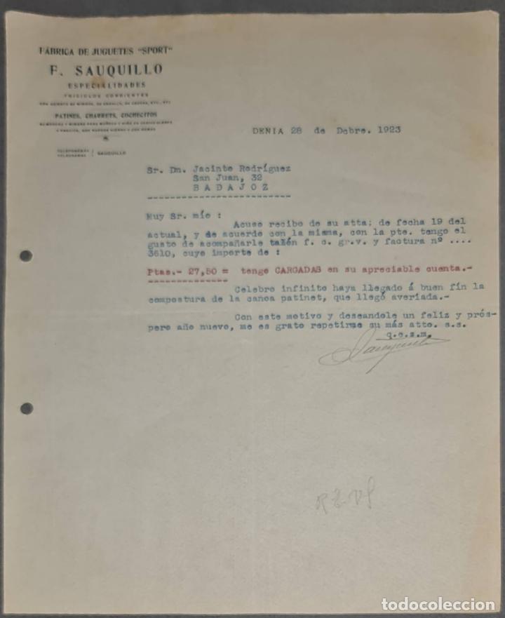 Lettere commerciali: Carta comercial. F. Sauquillo. F&aacute;brica de juguetes Sport. Denia 1923