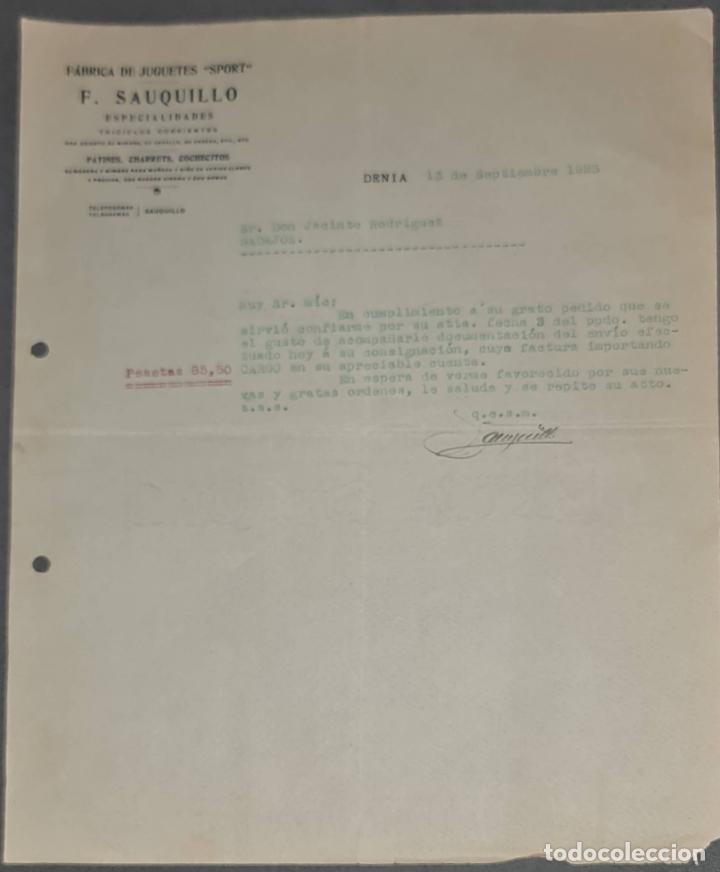 Lettere commerciali: Carta comercial. F. Sauquillo. F&aacute;brica de juguetes Sport. Denia 1923