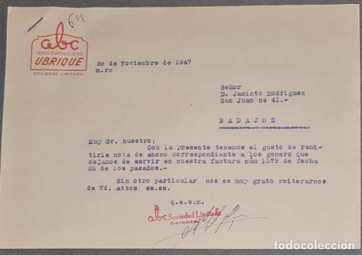Lettere commerciali: Carta comercial. ABC. F&aacute;brica de art&iacute;culos de piel. Ubrique. Espa&ntilde;a 1947